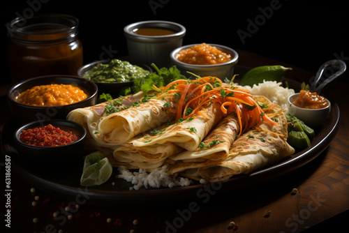 Masala dosa with garnish on a plate dark background