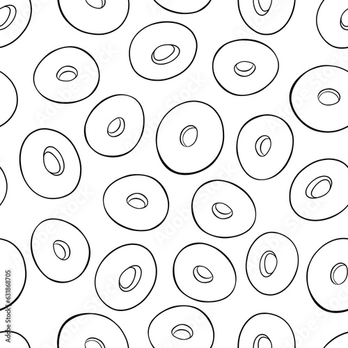 Donut doodle outline black and white vector illustration pattern isolated on white background.