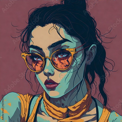 Pop-art illustration of a beautiful girl with sunglasses and black hair