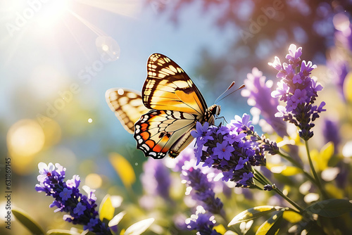 A beautiful Sunny summer nature background with fly butterfly and lavender flowers with sunlight and bokeh. Outdoor nature banner.