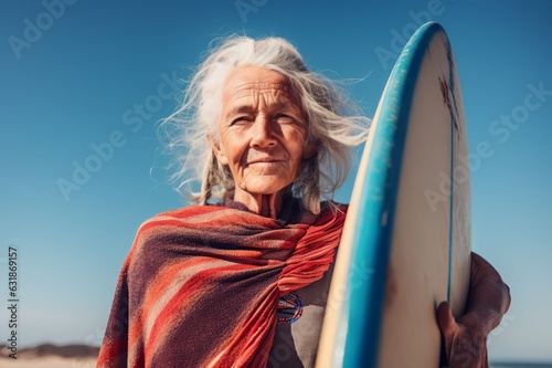 Senior surfer woman holding surf board on the beach