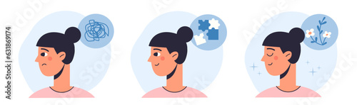 Set of Mental Health Illustrations. A character with a mental disorder is struggling with depression, chaotic thoughts and other psychological problems. The concept of psychotherapy and harmony.