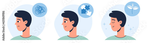 Set of Mental Health Illustrations. A character with a mental disorder is struggling with depression, chaotic thoughts and other psychological problems. The concept of psychotherapy and harmony.