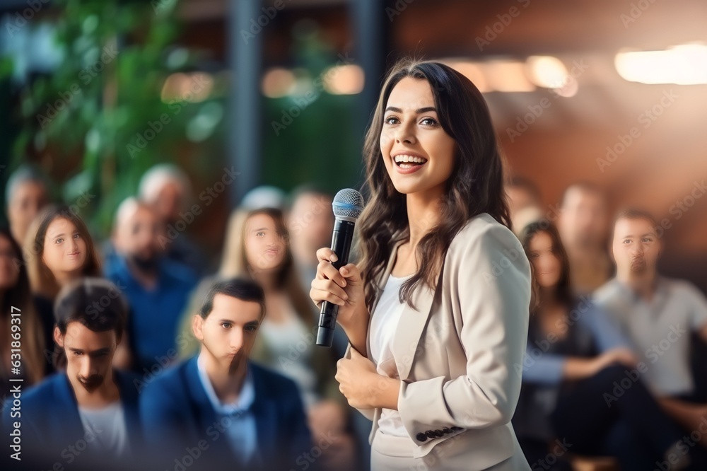 Successful female business entrepreneur professional giving seminar in front of audience