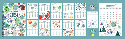 Calendar for 2024 with dragons. Funny dragons. Symbol of 2024. Color. Vector.