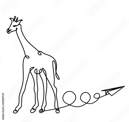 Silhouette of abstract giraffe with paper plane as line drawing on white. Vector