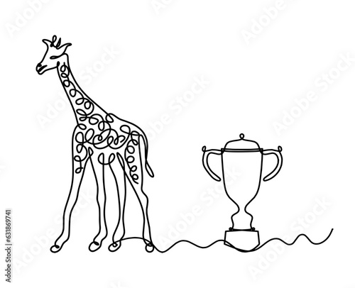 Silhouette of abstract giraffe with trophy as line drawing on white. Vector