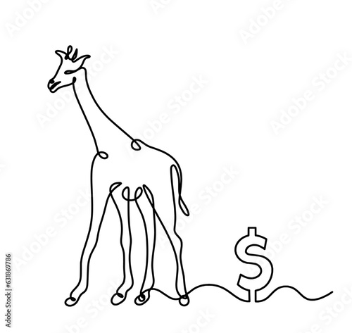 Silhouette of abstract giraffe with dollar as line drawing on white. Vector