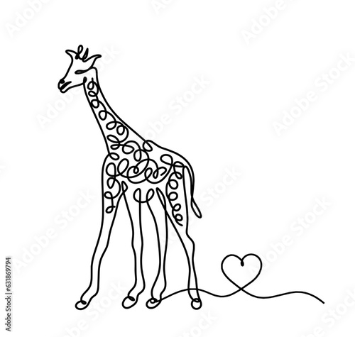 Silhouette of abstract giraffe with heart as line drawing on white. Vector
