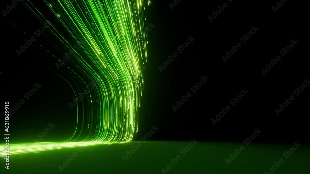 abstract futuristic neon background, green lines and glowing trails, laser rays, speed of light. 3D animation