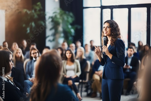 Successful female business entrepreneur professional giving seminar in front of audience