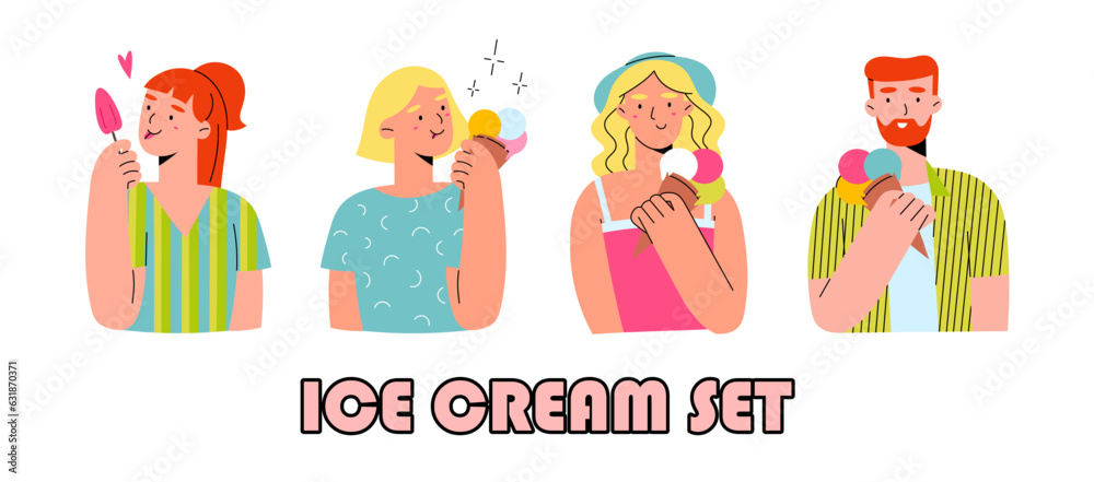 Fototapeta premium This illustration showcases a women and men holding an ice cream, capturing the essence of a summer concept. The happy their face convey the pleasure of enjoying a refreshing treat on a sunny day.