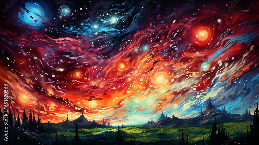 A field of galaxies as seen from a space window, colorful and surreal, mixture of swirling clouds and bursts of starlight, glass reflection, acrylic painted style, vibrant and otherworldly