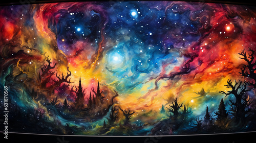 A field of galaxies as seen from a space window, colorful and surreal, mixture of swirling clouds and bursts of starlight, glass reflection, acrylic painted style, vibrant and otherworldly