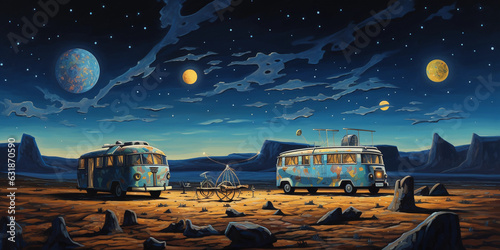 A fleet of vintage camper vans in a desert under a starry night sky, depicted in a surrealist style, dreamy, ethereal, full of symbolism