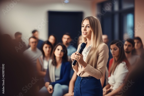 female business entrepreneur professional giving seminar in front of audience