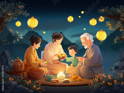 Photo with family celebrate the festival under the moon
