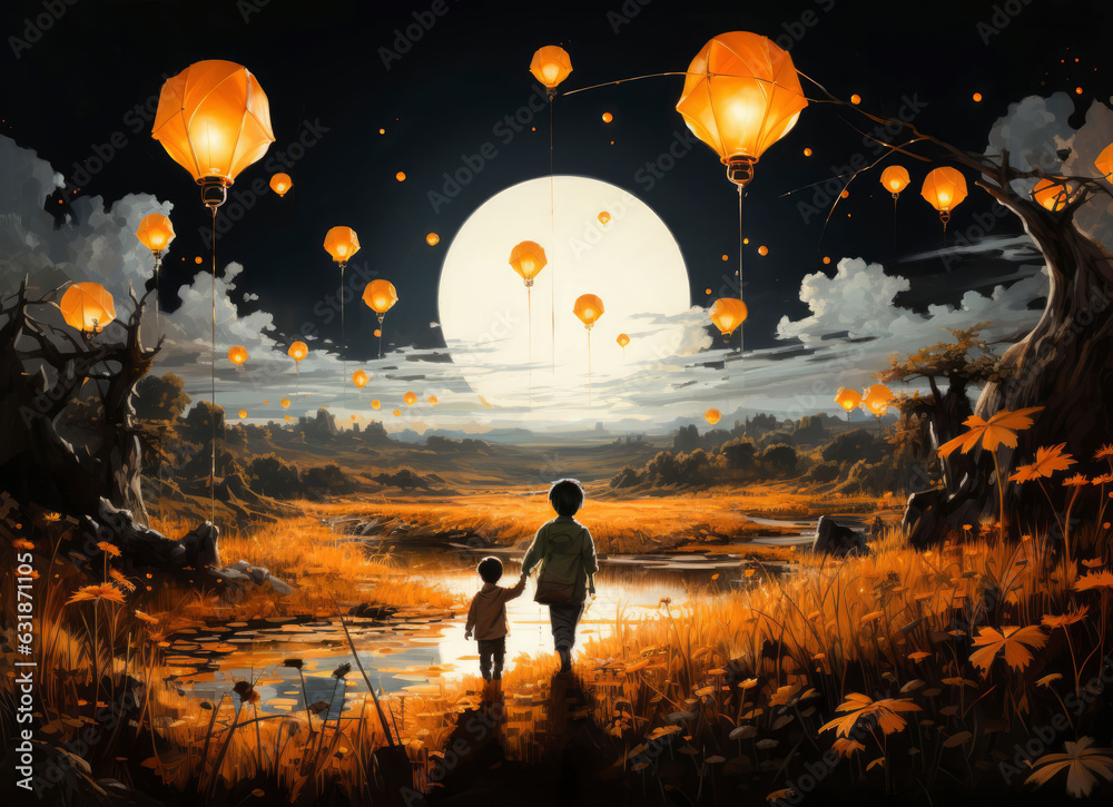 Children celebrate mid autumn festival with lanterns under the moon at night