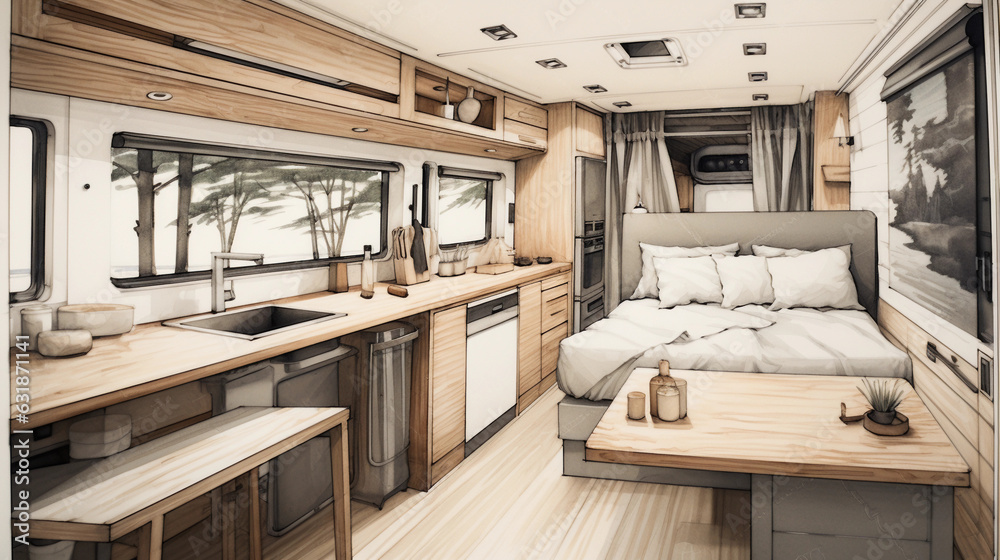 Inside view of a minimalist van life setup, with wooden interior, small