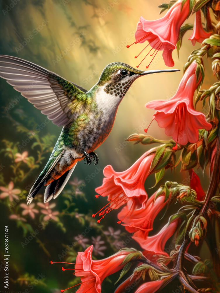 Bunter Kolibri sammelt Nektar an Blüten von tropischen Blumen, generative KI - obrazy, fototapety, plakaty 