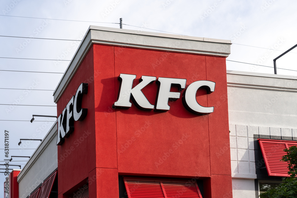 Close up of KFC logo on the building at its World's First KFC (Kentucky