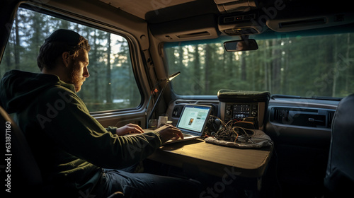 Man working on laptop in his van conversion, panoramic windows with forest view © Marco Attano