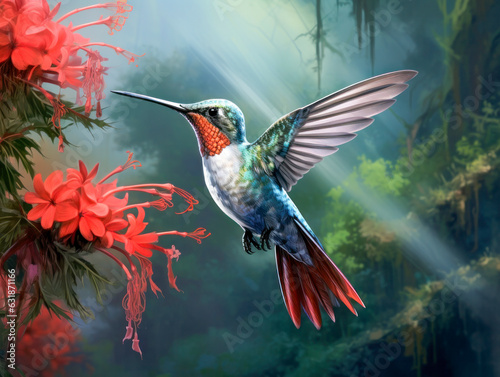 Bunter Kolibri sammelt Nektar an Blüten von tropischen Blumen, generative KI © pwmotion