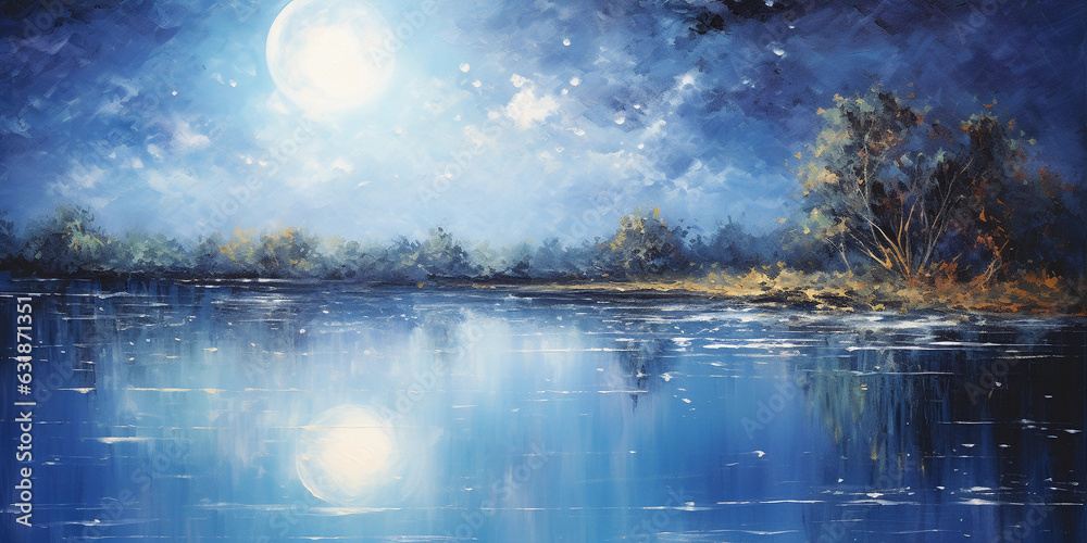 Reflection of the moon and stars on a still lake, drenched in inky blue, stars shimmering on the water surface, tranquil and serene, soft brush strokes