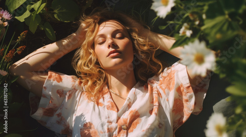 blond woman lies in the grass in the garden with closed eyes and has a rest photo