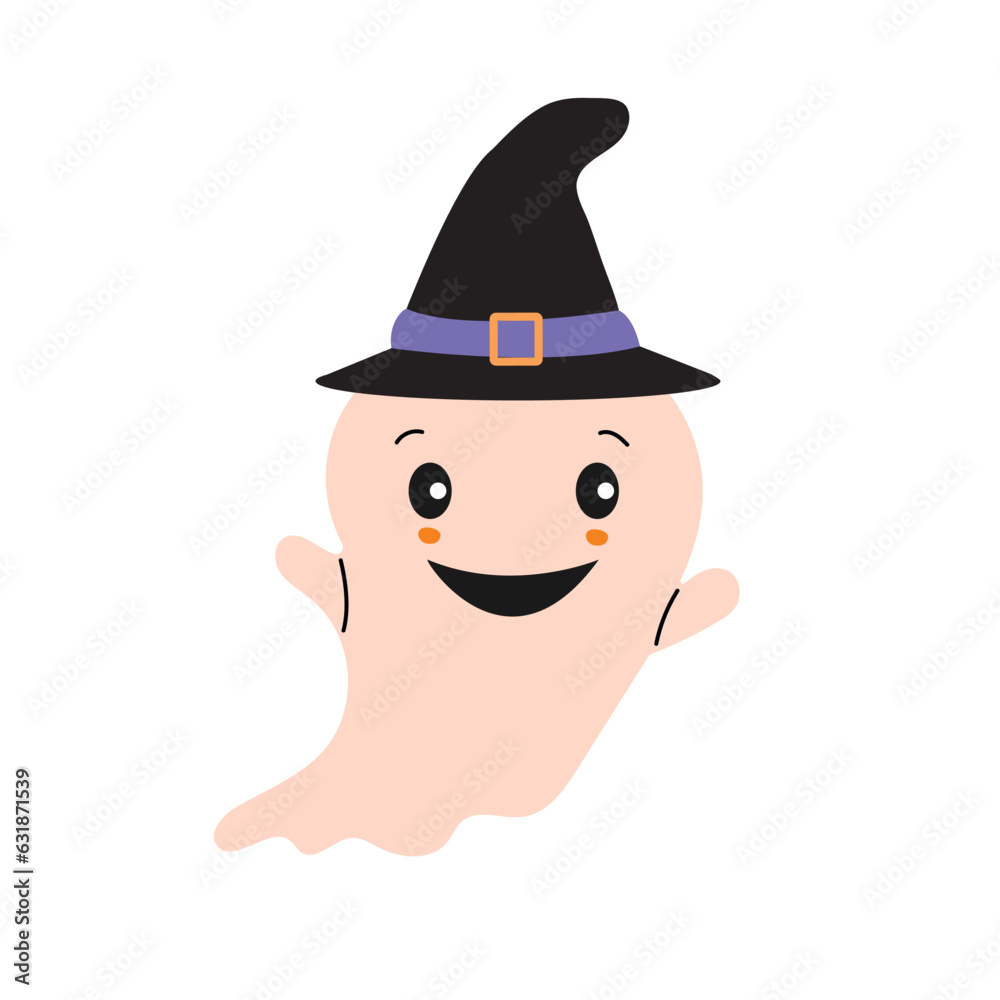 Halloween Ghost. Cute ghost character.  Icon isolated on white background. Vector illustration.Happy Halloween. Fashion illustration for postcard, flyer, banner