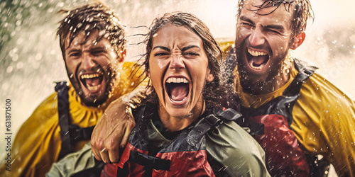 Joyful picture of a confident young woman, wet and laughing with spirited men after an exciting whitewater rafting escapade on dynamic river rapids. Generative AI