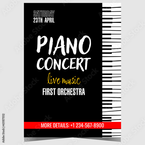 Piano concert poster design template with black and white piano keys on the background. Vector promo banner, brochure, booklet or invitation leaflet for live concert of classical piano music.