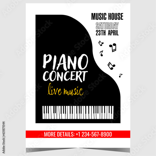 Piano concert invitation flyer, promo banner or poster with black grand piano and musical notes in the white background. Vector design template of leaflet or booklet for piano live music festival.