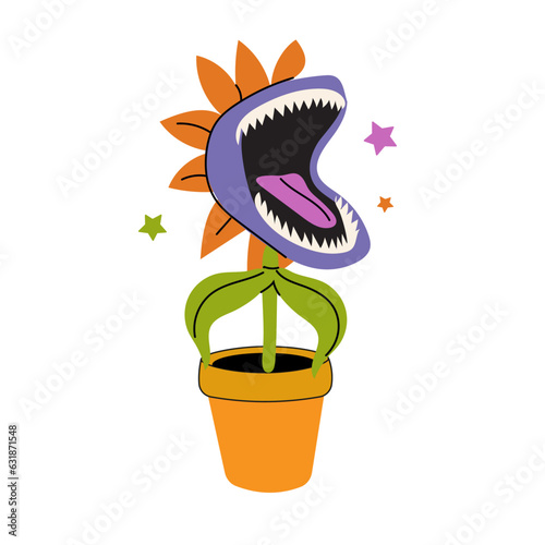 Vector hungry  carnivorous plant in pot. Happy Halloween. Venus fly trap catches a fly. Vector illustration photo