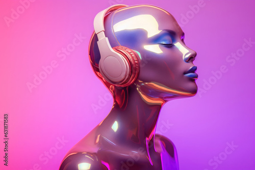 futuristic shiny holographic head of a woman with headphones