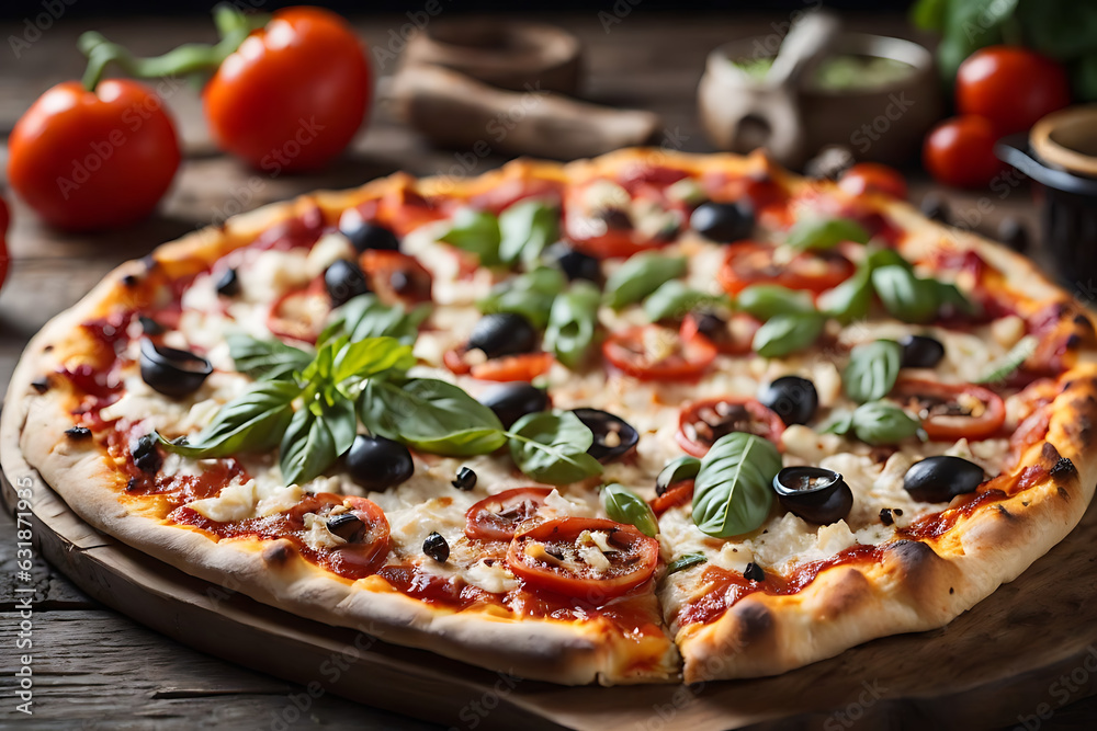 Freshly baked pizza on rustic wooden table