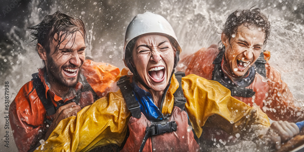 Exhilarating white-water rafting scene featuring a strong, vibrant woman and two ecstatic men, soaked and laughing amidst turbulent rapids. Generative AI