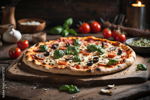Freshly baked pizza on rustic wooden table