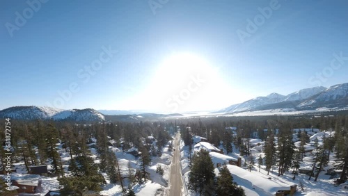 Aerial snow footage, drone snow shot, fpv drone over snow  photo