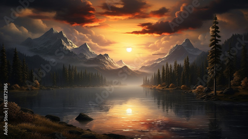 Fantasy landscape with lake and mountains in the background, ai generated