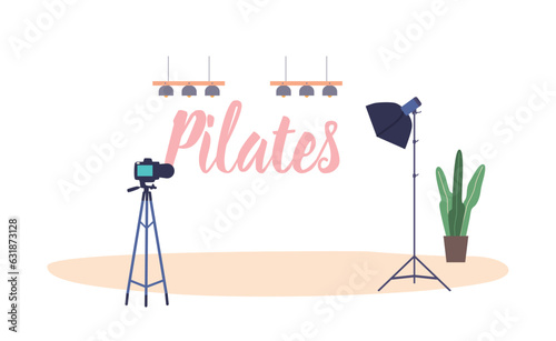 Pilates Studio With Camera. A Cutting-edge Fitness Center Equipped With Cameras For Virtual Classes, Vector Illustration