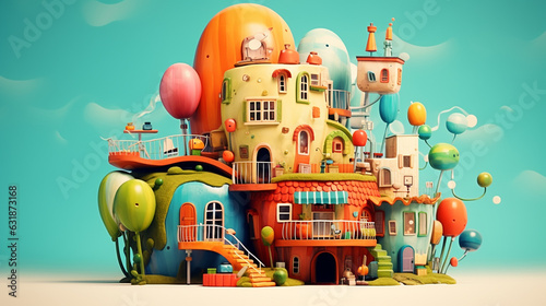 illustration of a fantasy castle with balloons and stairs