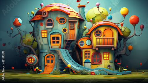 illustration of a fantasy castle with balloons and stairs