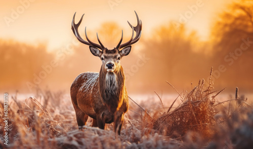 Red deer stag at sunrise in winter