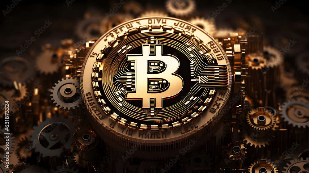 Bitcoin symbol with hundreds of tiny intricate golden gears - obrazy, fototapety, plakaty 