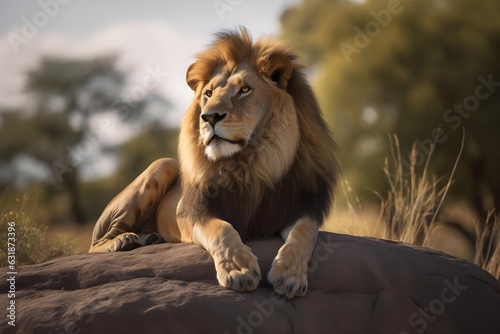 Majestic Lion with Golden Mane on Rocky Outcrop