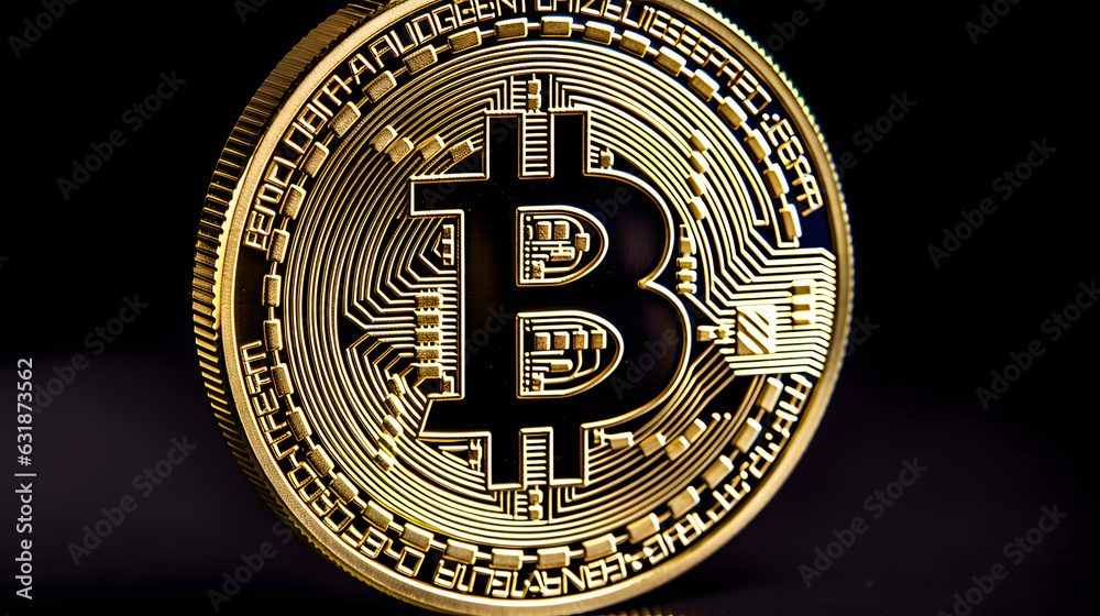 Gold plated bitcoin coin on a black background