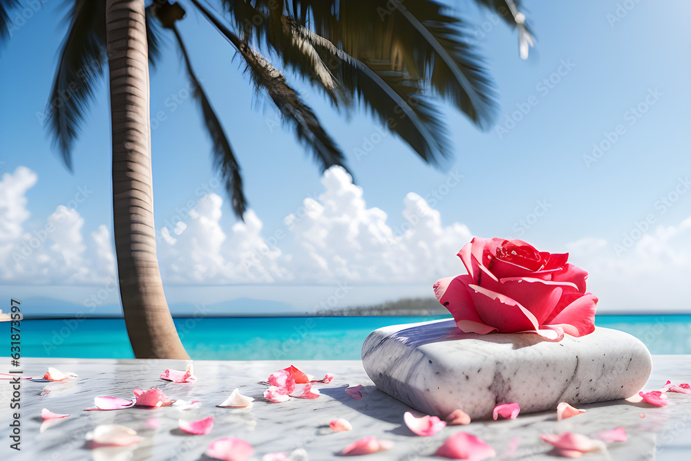 White marble with rose petals and the beach in the background 