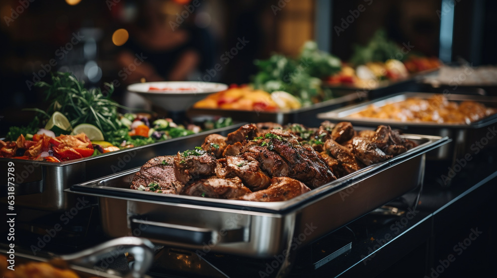 Assembly of individuals indoors at a restaurant, enjoying a buffet spread featuring grilled meats. Buffet-style provision suitable for various celebratory occasions, gatherings, or Generative AI