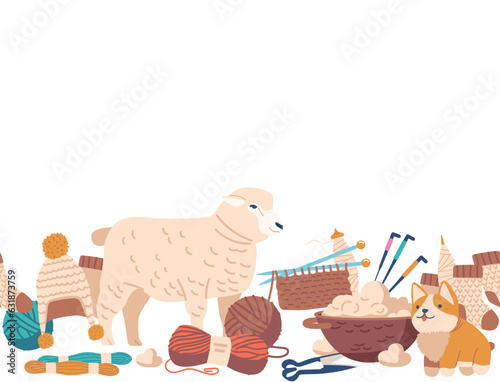 Fototapeta Naklejka Na Ścianę i Meble -  Seamless Pattern With Cozy Sheep Wool Items, Featuring Fluffy Yarn, Warm Hats, And Soft Socks, Vector Illustration